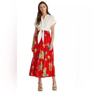 Lauren Ralph Lauren Black Label Floral Tiered Midi Skirt Size XL Tropical